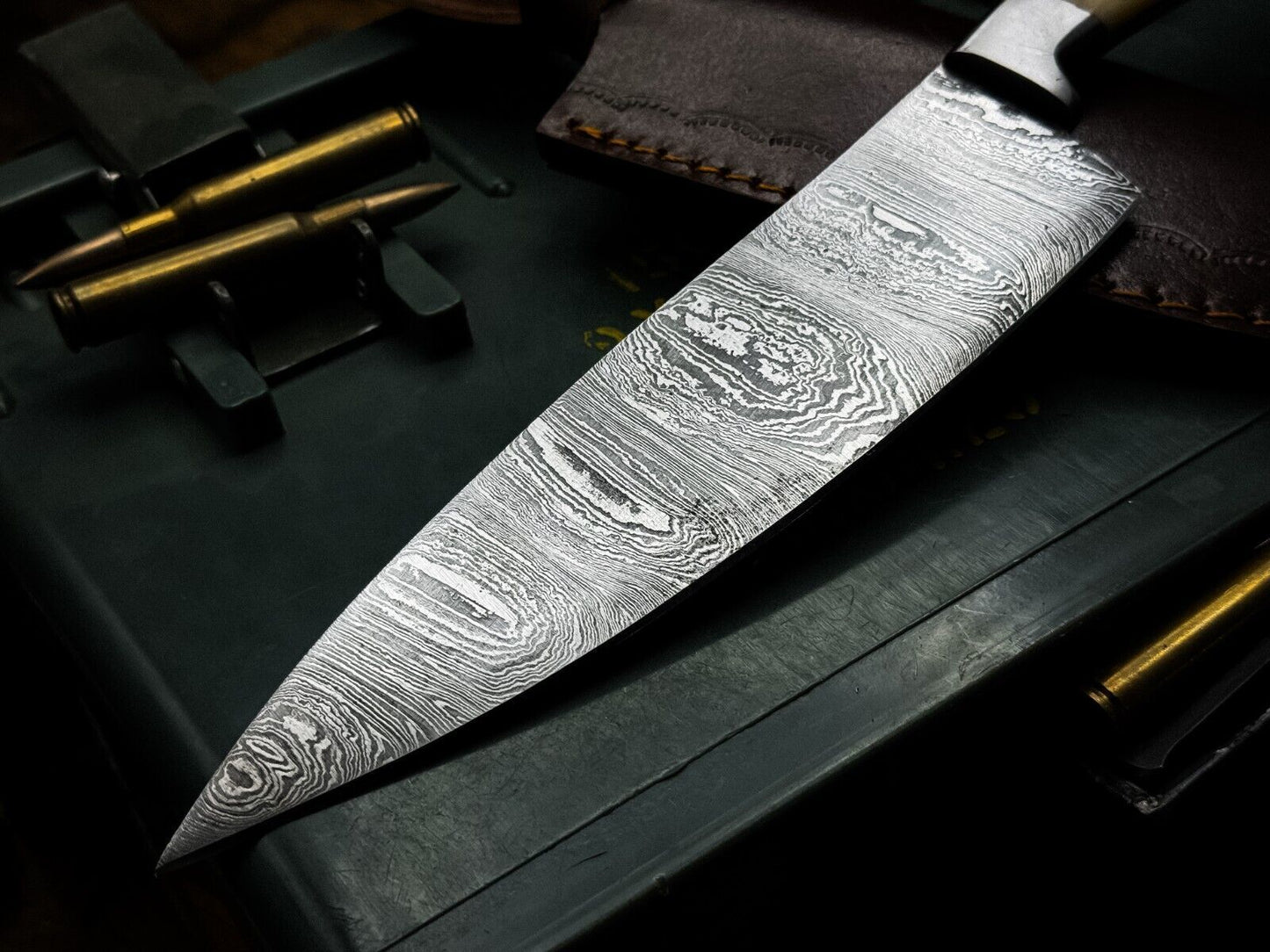 Handmade Damascus Steel Hunting & Kitchen Chef Knife with Bone Handle & Leather Sheath