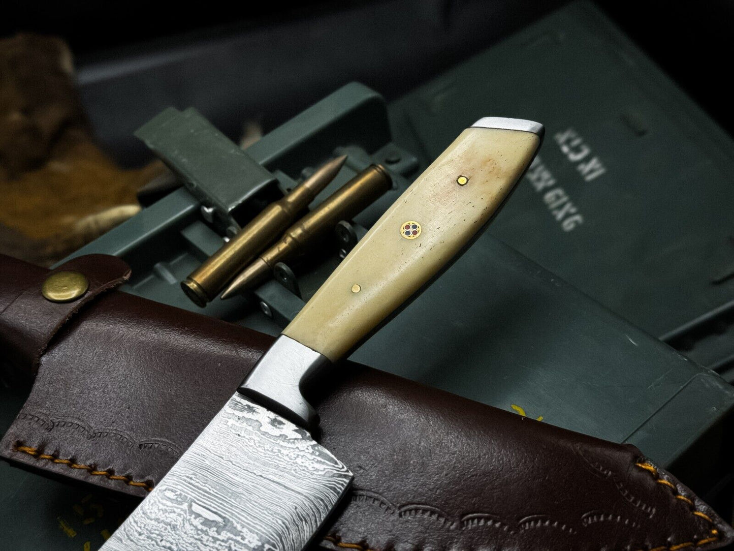 Handmade Damascus Steel Hunting & Kitchen Chef Knife with Bone Handle & Leather Sheath