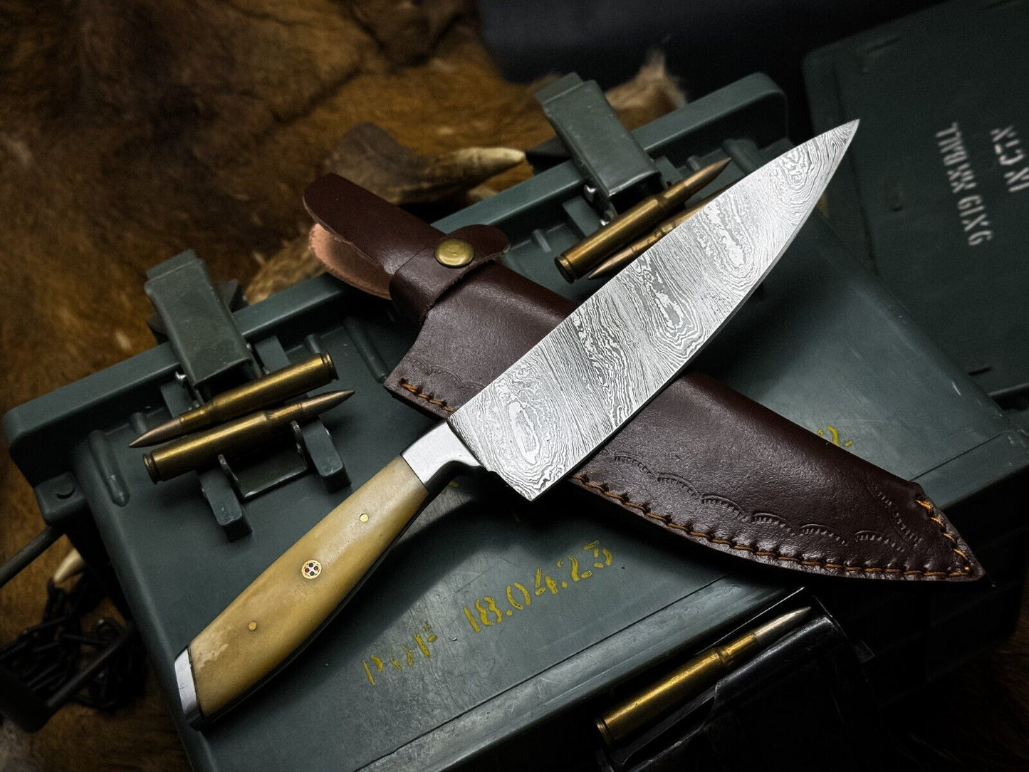 Handmade Damascus Steel Hunting & Kitchen Chef Knife with Bone Handle & Leather Sheath