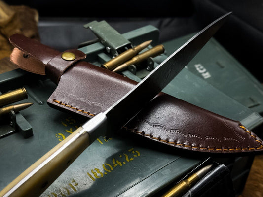 Handmade Damascus Steel Hunting & Kitchen Chef Knife with Bone Handle & Leather Sheath