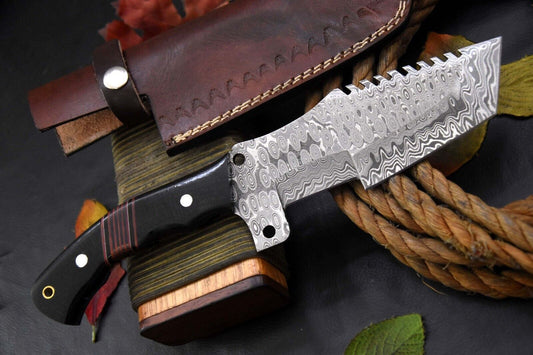 Custom Handmade Damascus Steel Tracker Hunting Knife – Raindrop Pattern Blade with G-10 Micarta Handle