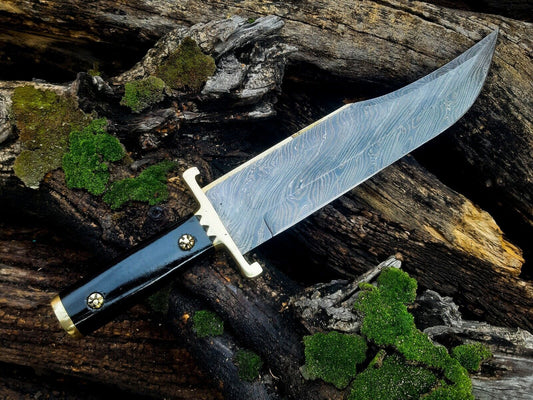 Heritage Forge Damascus Steel Bowie Knife with Black Horn Handle and Leather Sheath for Survival and Hunting