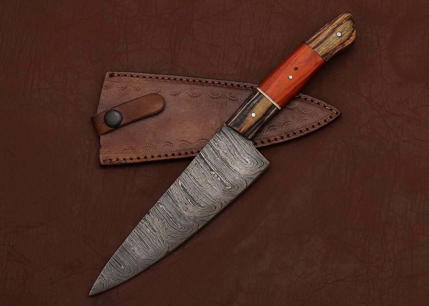 Full Tang Chef Fillet Knife with Pakka Wood Handle & Leather Sheath