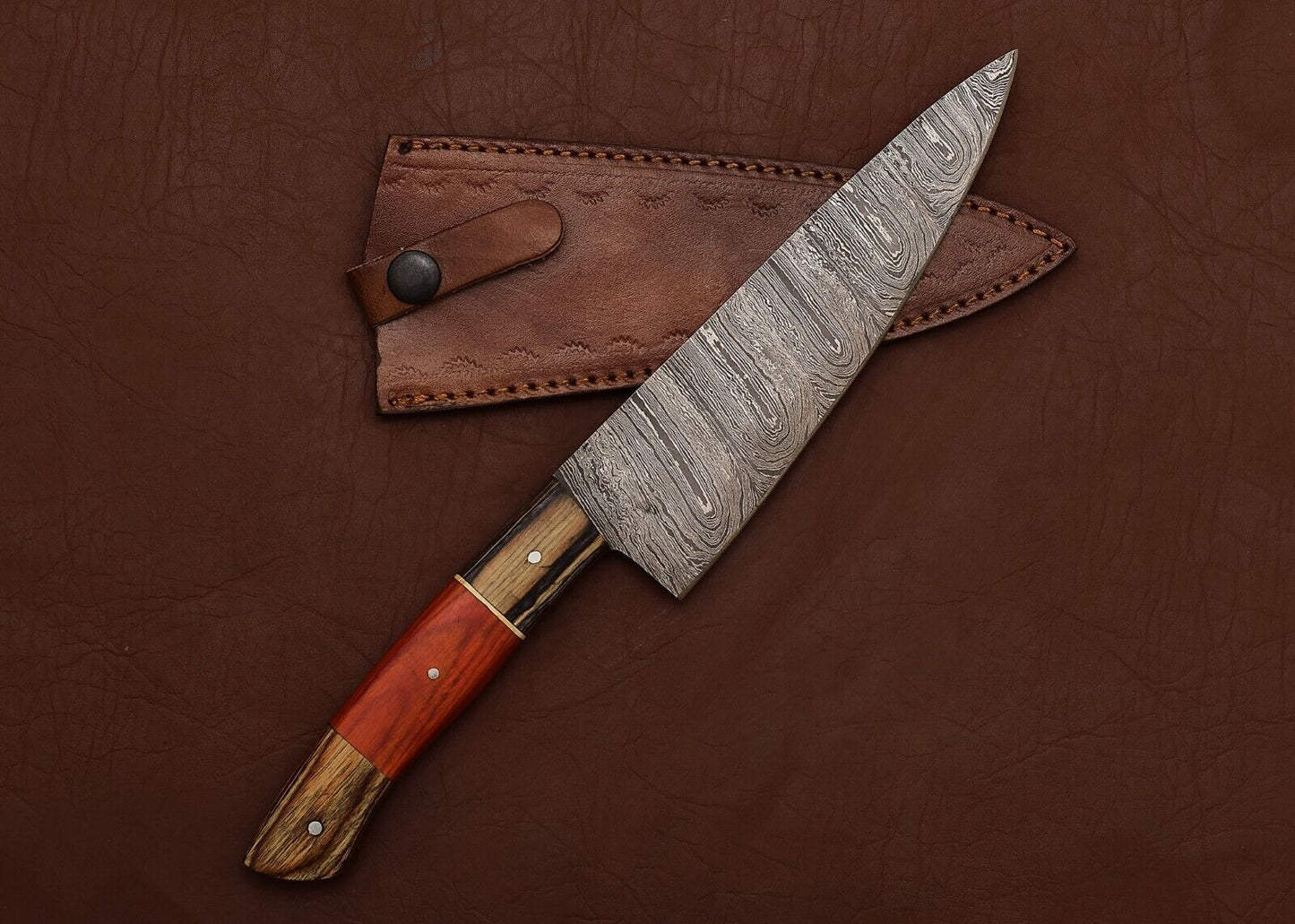 Full Tang Chef Fillet Knife with Pakka Wood Handle & Leather Sheath