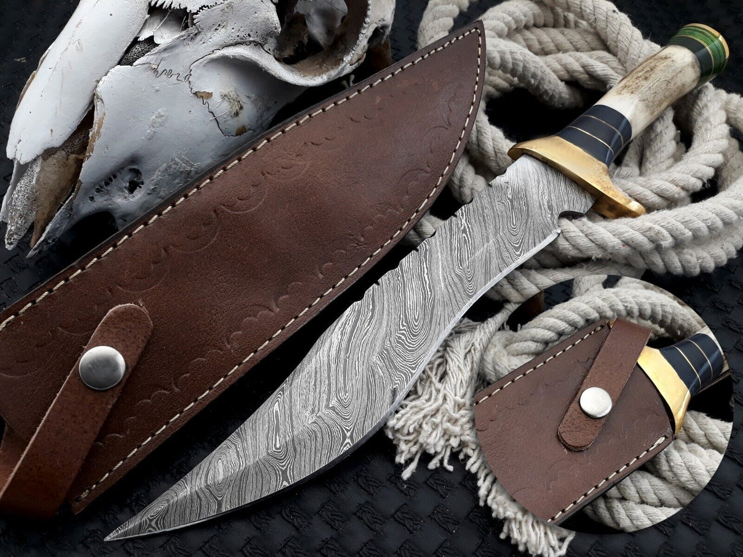 Handmade Damascus Bowie Knife Deer Antler Handle Bowie Hunting Camp Knife