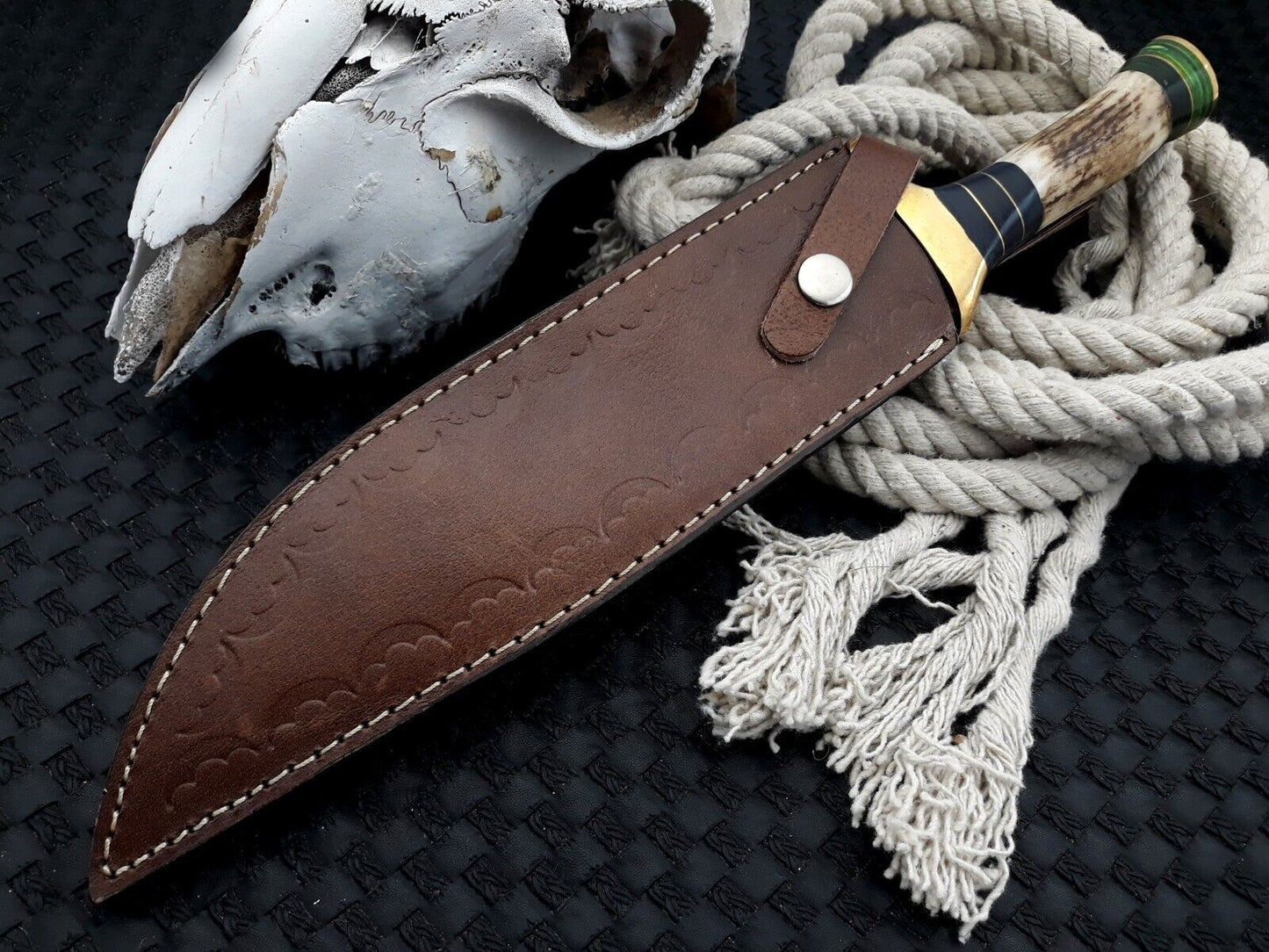 Handmade Damascus Bowie Knife Deer Antler Handle Bowie Hunting Camp Knife