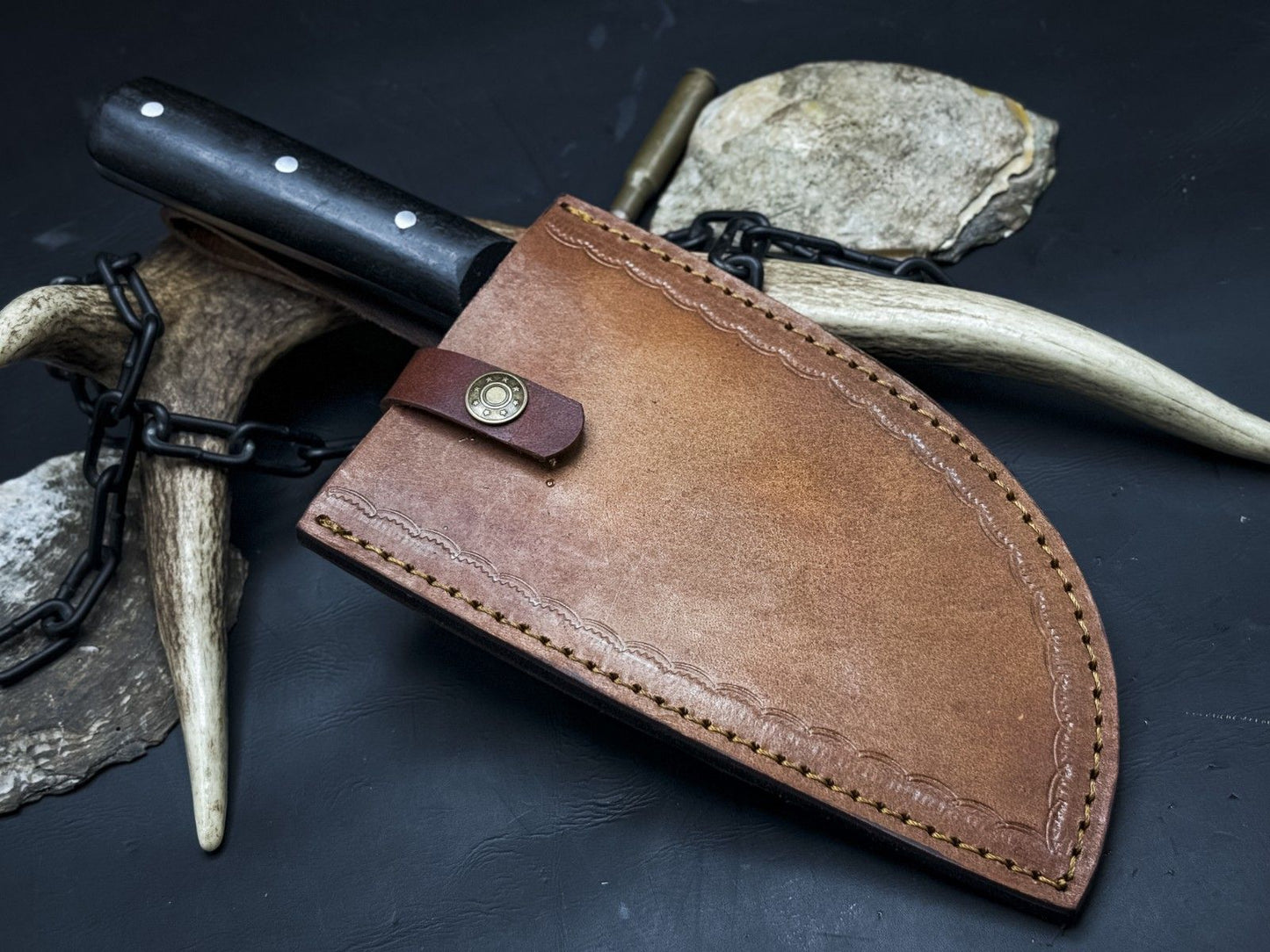 Handmade Damascus Steel Chef Cleaver EDC Knife with Wood Handle and Cow Leather Sheath