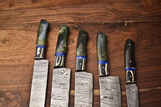Custom Lot of 5 Handmade Hammered Damascus Steel Blade Chef Set Knives – Premium Forged Kitchen Knife Collection