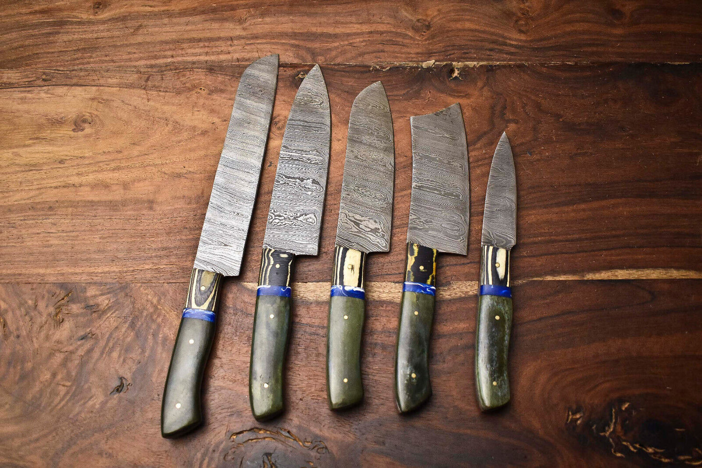 Custom Lot of 5 Handmade Hammered Damascus Steel Blade Chef Set Knives – Premium Forged Kitchen Knife Collection