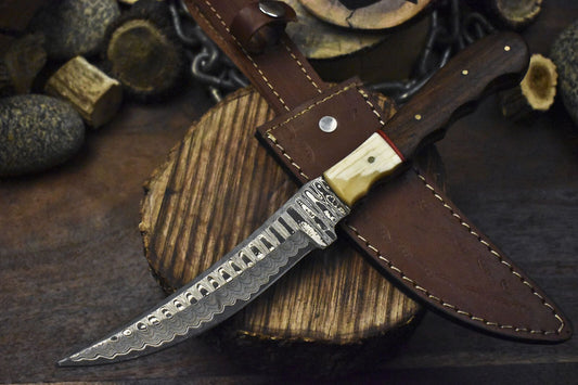 Ladder Damascus Skinner Knife with Walnut Wood Handle | Handmade EDC Fixed Blade Hunting Knife