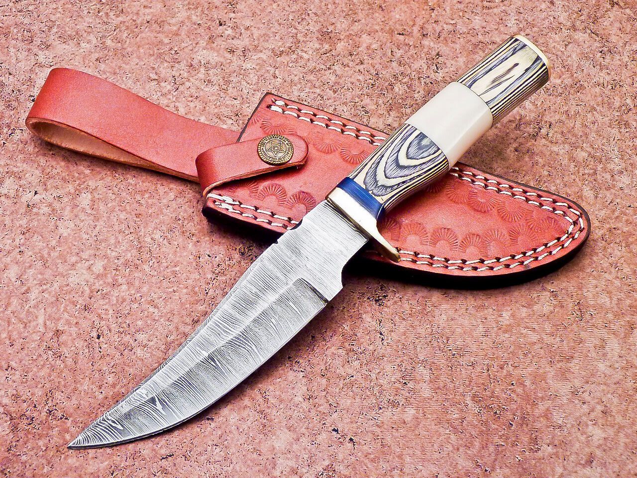 10 Inch Handcrafted Damascus Bowie Knife with Camel Bone and Hardwood Handle