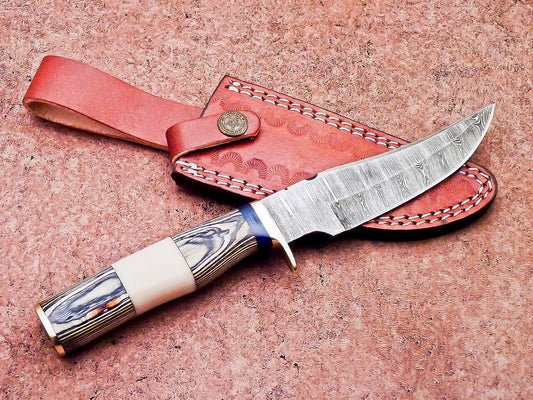 10 Inch Handcrafted Damascus Bowie Knife with Camel Bone and Hardwood Handle