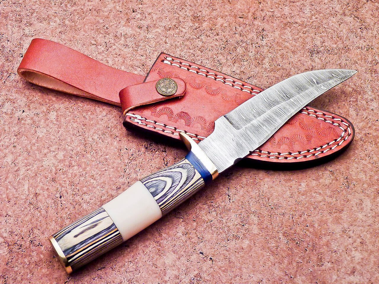 10 Inch Handcrafted Damascus Bowie Knife with Camel Bone and Hardwood Handle