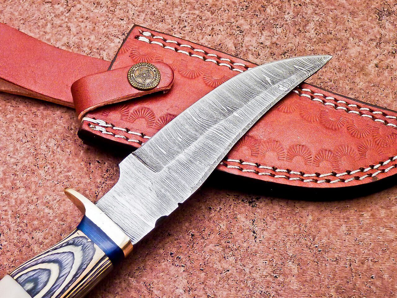 10 Inch Handcrafted Damascus Bowie Knife with Camel Bone and Hardwood Handle