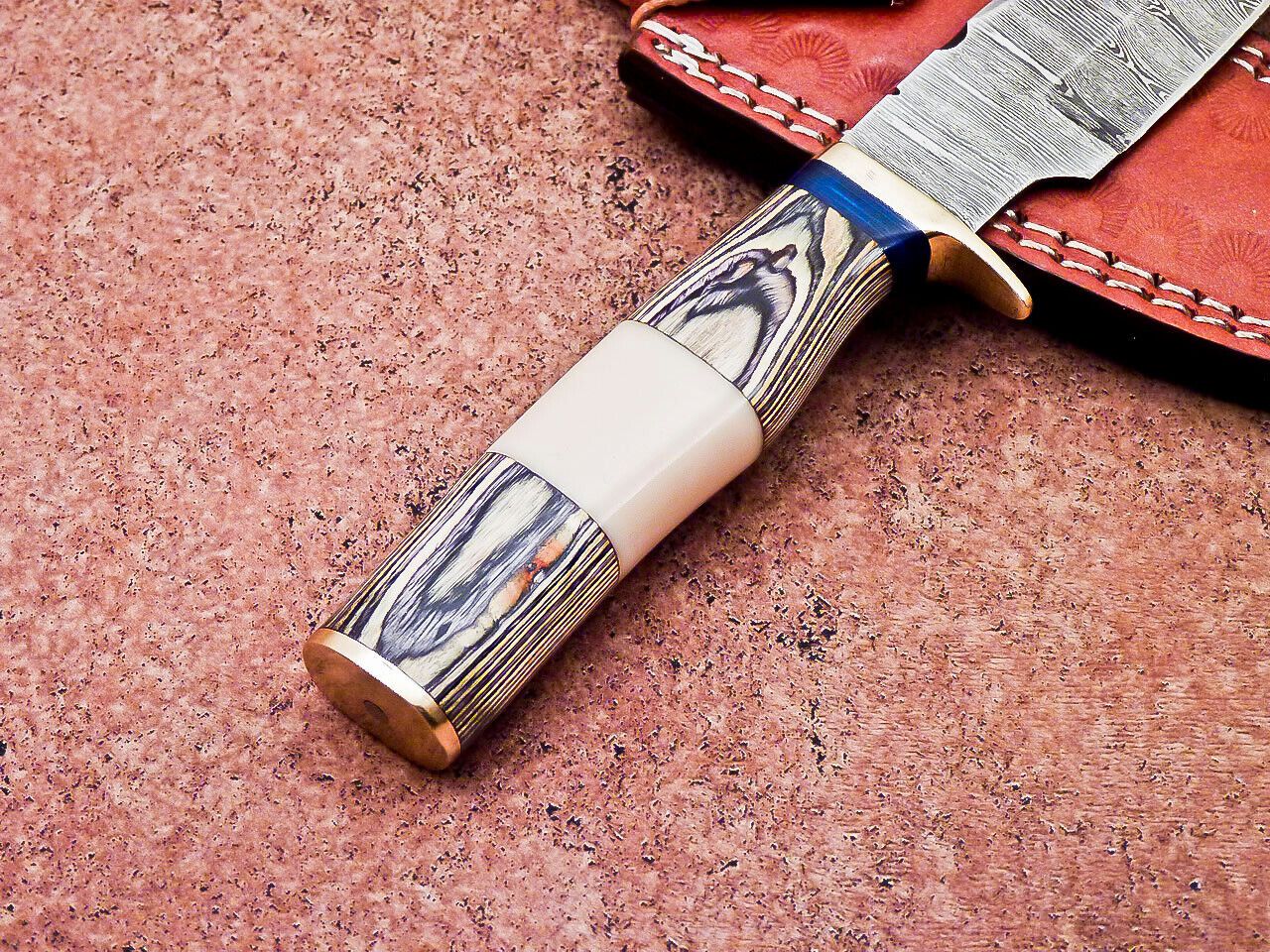 10 Inch Handcrafted Damascus Bowie Knife with Camel Bone and Hardwood Handle