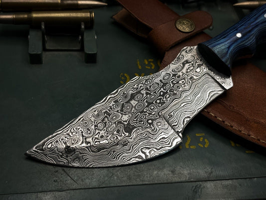 Handmade Damascus Tracker Knife – Hunting Fixed Blade with Wood Handle & Cow Leather Sheath