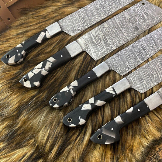 5-Piece Hand Forged Damascus Steel Hunting & Kitchen Clever Knives Set