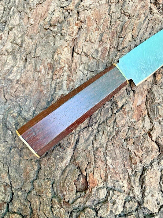 Handmade Custom Japanese Style Damascus Paring Knife – 9" Kitchen Cutting & Cooking Knife with Wood Handle and Leather Sheath