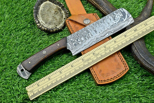 Handmade Damascus Chef & Hunting Knife – 8.5" Blade with Bone & Wood Handle + Leather Sheath