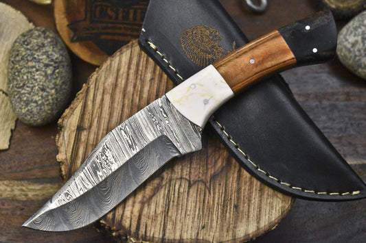 Hand Forged Twist Damascus Skinner Knife Olive Wood Camping Blade