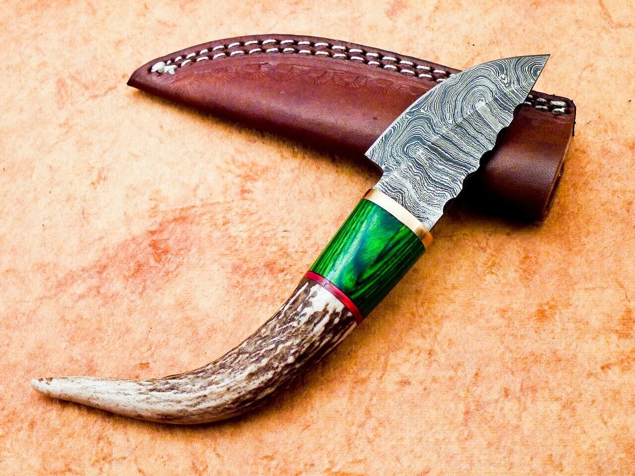 Heritage Forge 8" Damascus Steel Hunting Knife with Stag Antler and Hardwood Handle