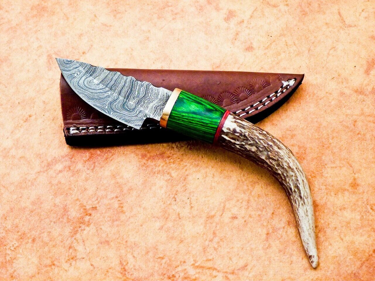 Heritage Forge 8" Damascus Steel Hunting Knife with Stag Antler and Hardwood Handle