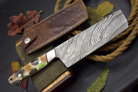 11.1” Handmade Damascus Steel Nakiri Chef Knife – Resin Handle, Ladder Pattern