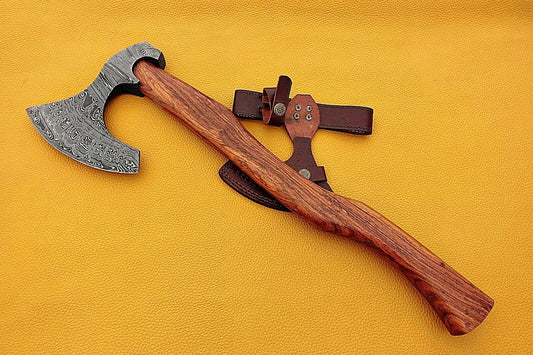 Hand Forged Damascus Steel Tomahawk Axe with Rosewood Handle and Leather Sheath