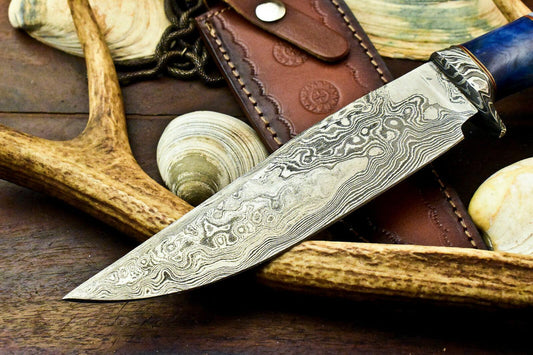Damascus Bowie Knife – 12.5" Camel Bone Handle