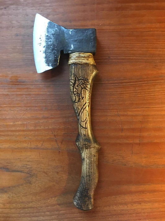 Custom Hand-Forged Viking Battle Axe | Hatchet with Hand-Carved Hickory Handle