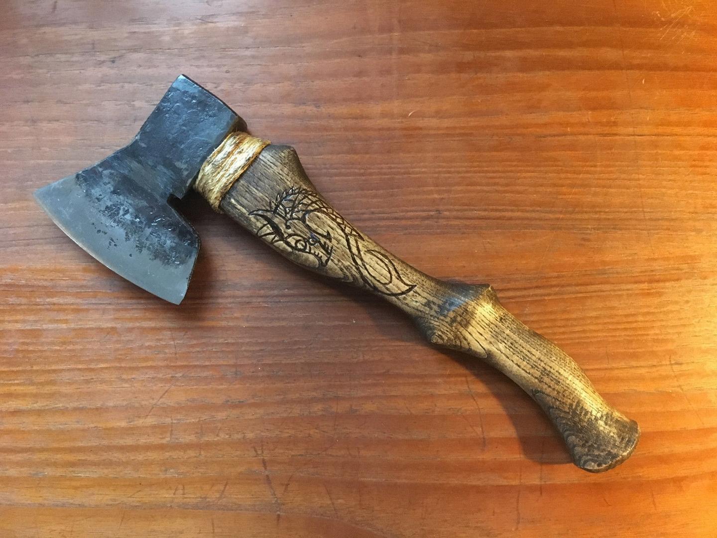 Custom Hand-Forged Viking Battle Axe | Hatchet with Hand-Carved Hickory Handle