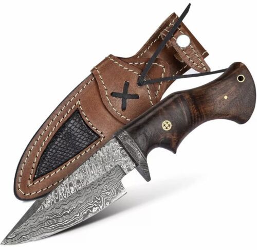 10" Handmade Damascus Bowie Knife – Walnut Wood Handle & Leather Sheath