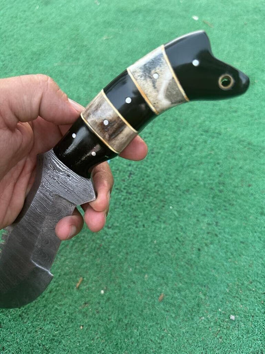 Handmade Damascus Steel Hunting Tracker Knife – 12" Fixed Blade, Stag & Bull Horn Handle, Leather Sheath