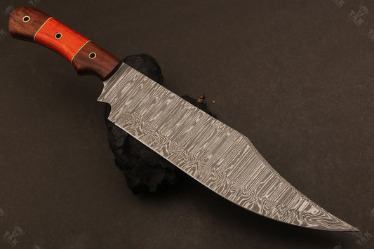 Heritage Forge 15 Inch Damascus Steel Bowie Knife with Wood Handle for Hunting and Camping