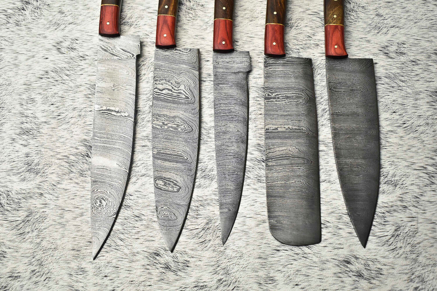 Lot of 5 Handmade Hammered Damascus Steel Chef Knives – Full Tang with Hard Wood Handles