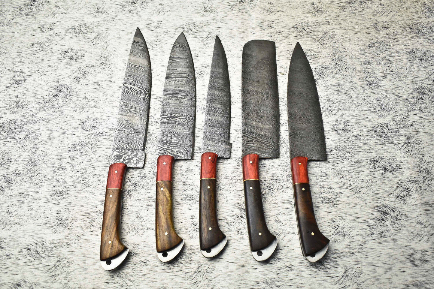 Lot of 5 Handmade Damascus Hammered Full Tang Chef Knife Set with Hard Wood Handles