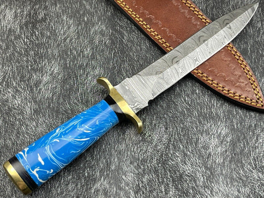 Heritage Forge 11 Inch Handmade Damascus Skinning Knife | Resin and Hardwood Handle Hunting Dagger with Sheath