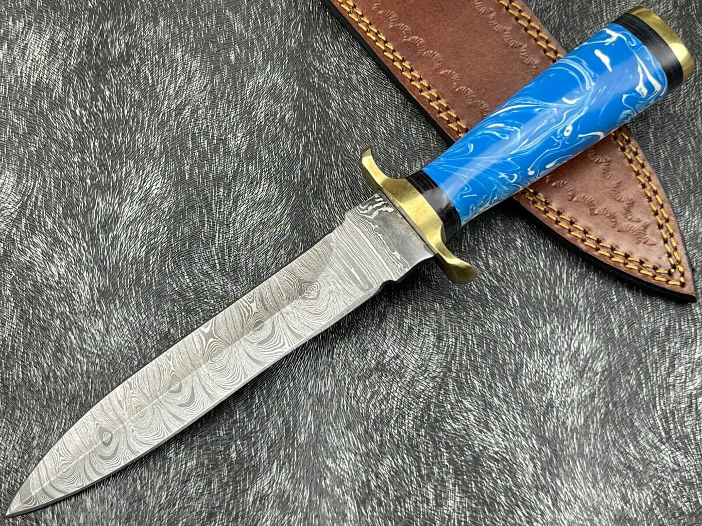 Heritage Forge 11 Inch Handmade Damascus Skinning Knife | Resin and Hardwood Handle Hunting Dagger with Sheath