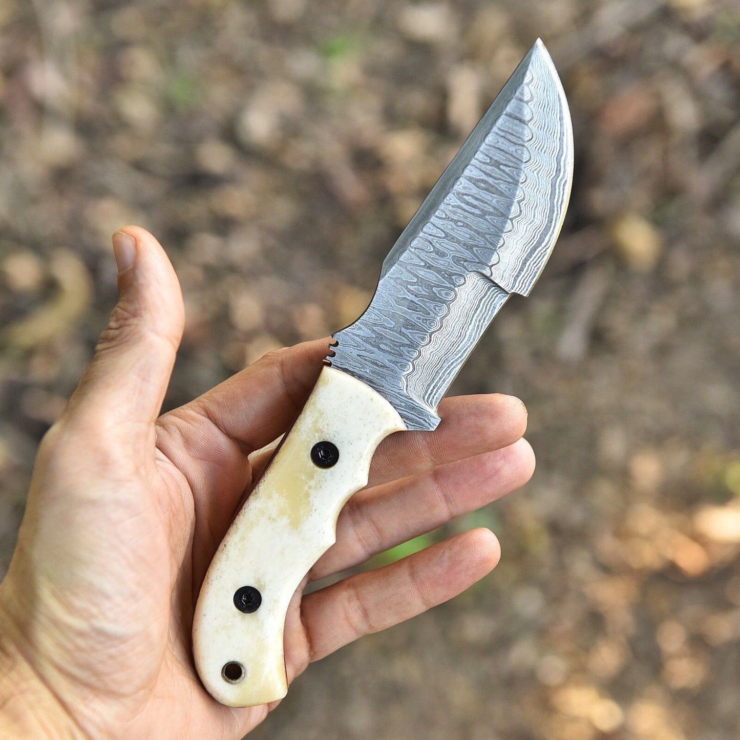 8" Custom Handmade Damascus Steel Hunting Tracker Knife | Bone Handle & Leather Sheath