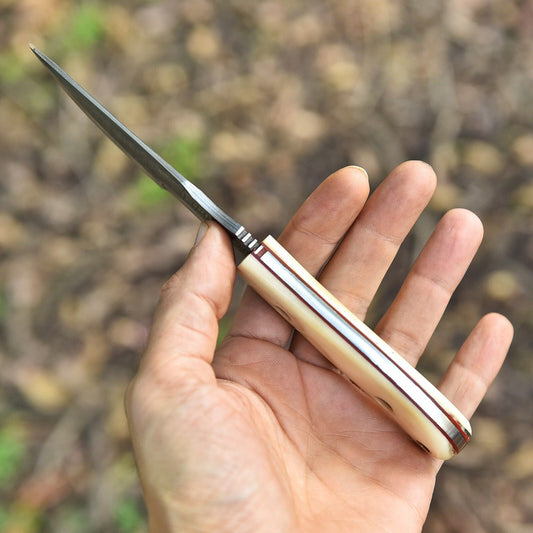 8" Custom Handmade Damascus Steel Hunting Tracker Knife | Bone Handle & Leather Sheath