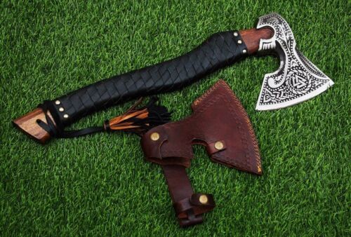 Custom Handmade Carbon Steel Viking Bearded Axe with Ash Wood Handle and Sheath