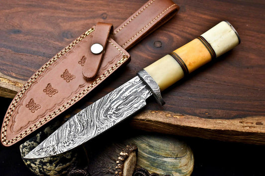13" Handmade Damascus Bowie Knife – Camel Bone Handle