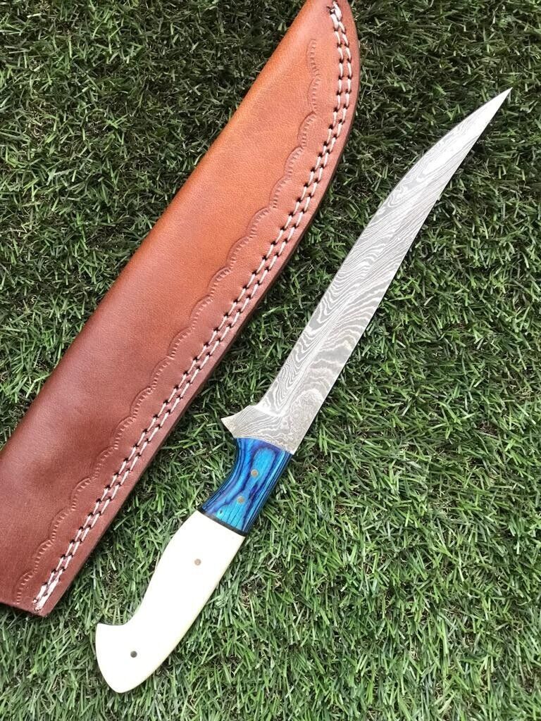 12" Custom Handmade Damascus Steel Fillet, Chef & Hunting Knife with Leather Sheath