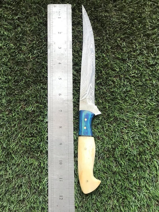 12" Custom Handmade Damascus Steel Fillet, Chef & Hunting Knife with Leather Sheath