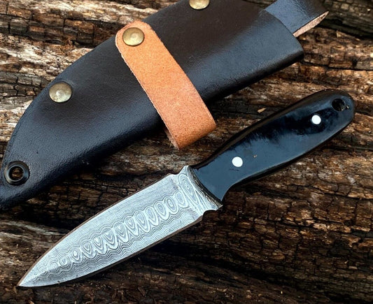 Hand-Forged Damascus Steel Mini Neck Knife – Bull Horn Handle EDC Dagger with Leather Sheath