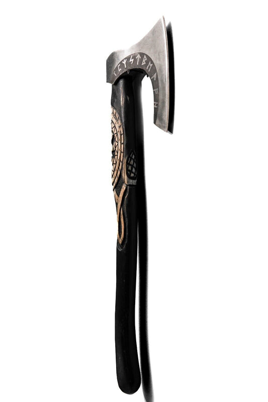 Hand Forged Etched Carbon Steel Viking Throwing Axe 19 Inch with Black Ashwood Handle and Leather Sheath