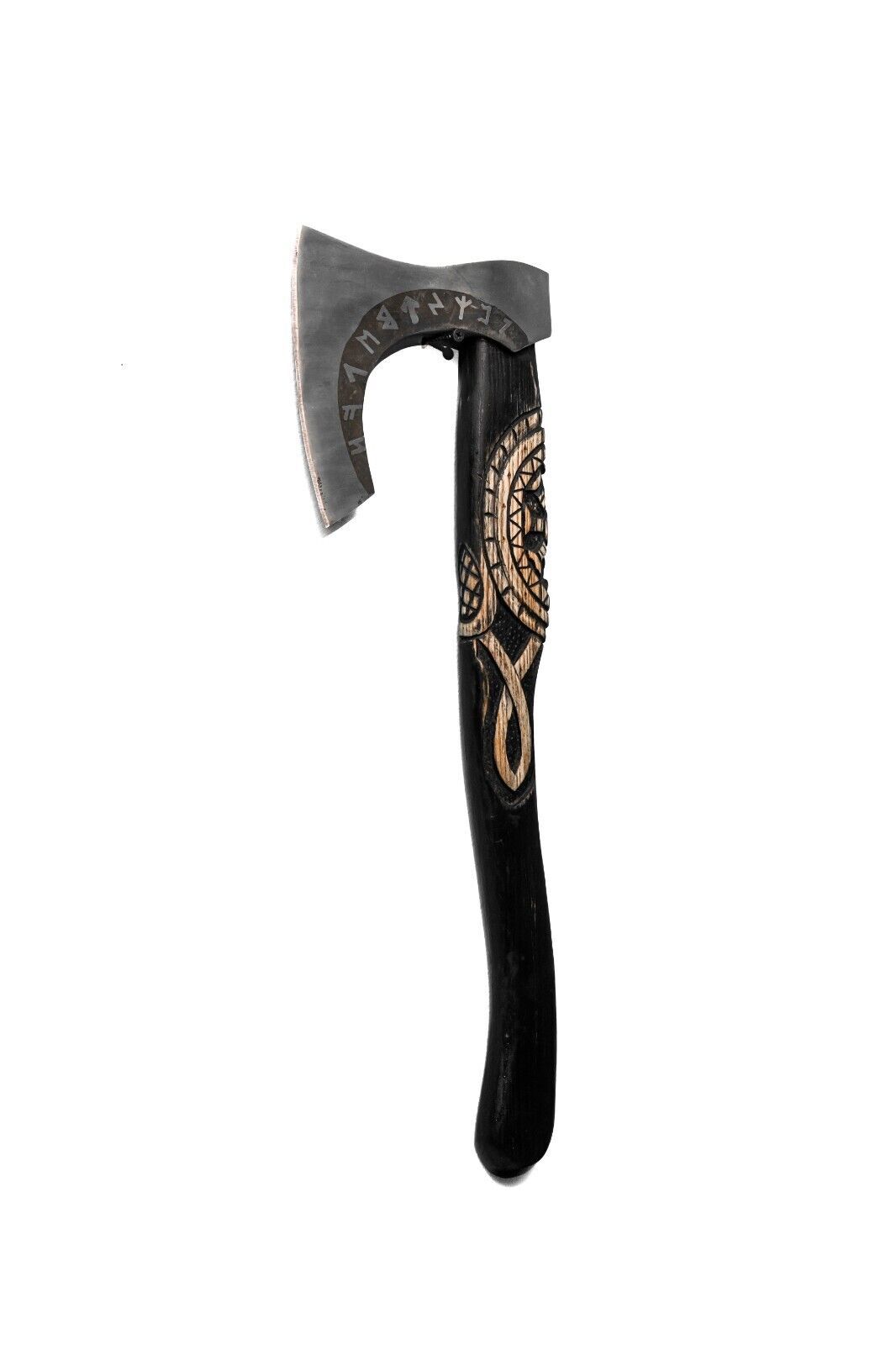 Hand Forged Etched Carbon Steel Viking Throwing Axe 19 Inch with Black Ashwood Handle and Leather Sheath
