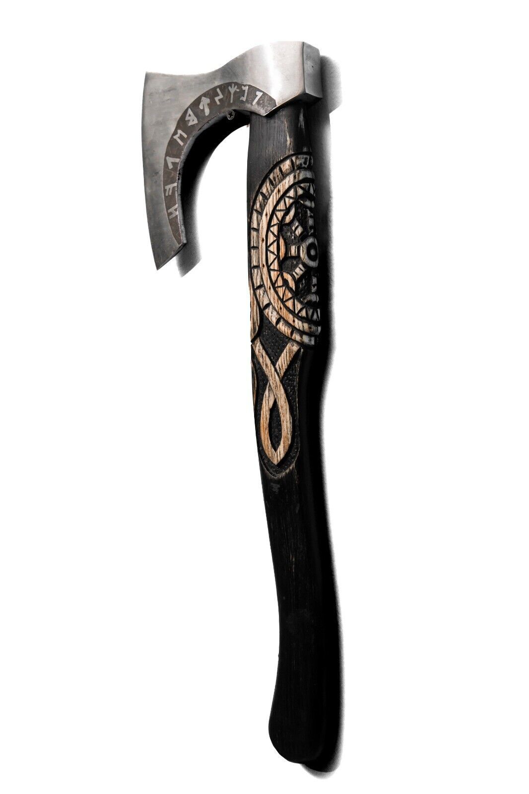 Hand Forged Etched Carbon Steel Viking Throwing Axe 19 Inch with Black Ashwood Handle and Leather Sheath