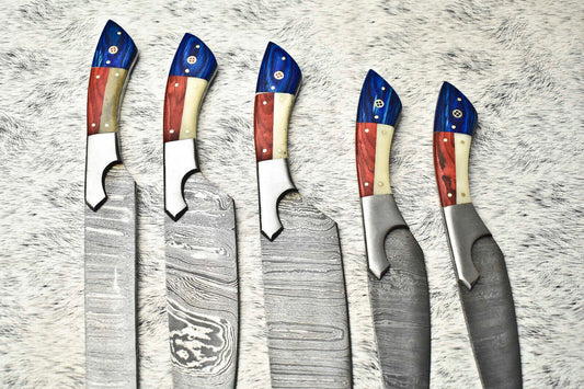 Lot of 5 Custom Handmade Hammered Damascus Steel Chef Knife Set