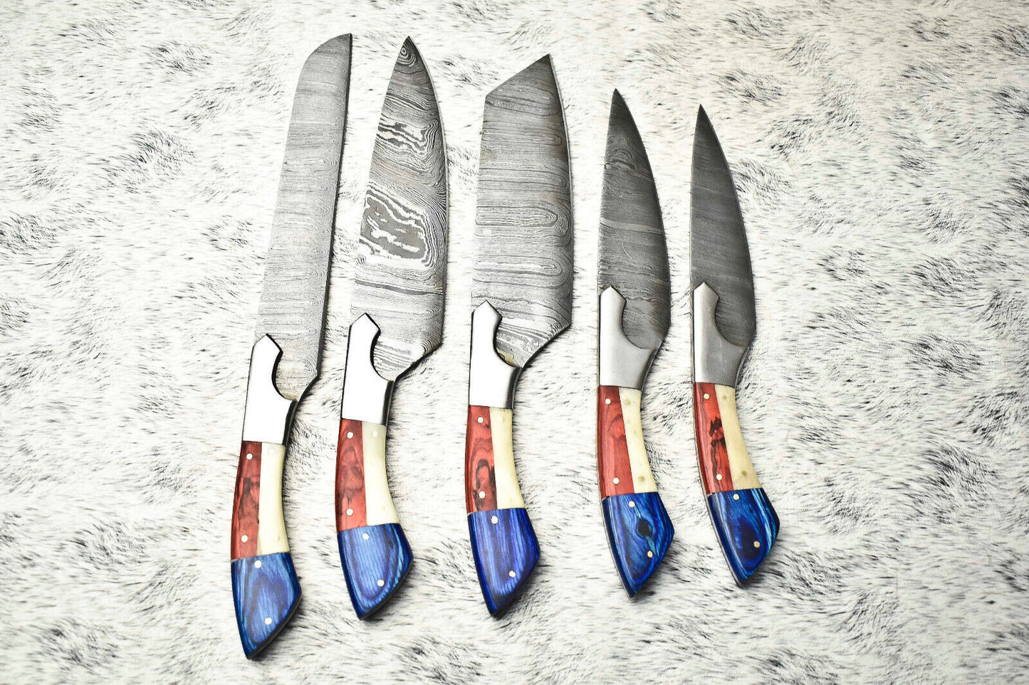 Lot of 5 Custom Handmade Hammered Damascus Steel Chef Knife Set